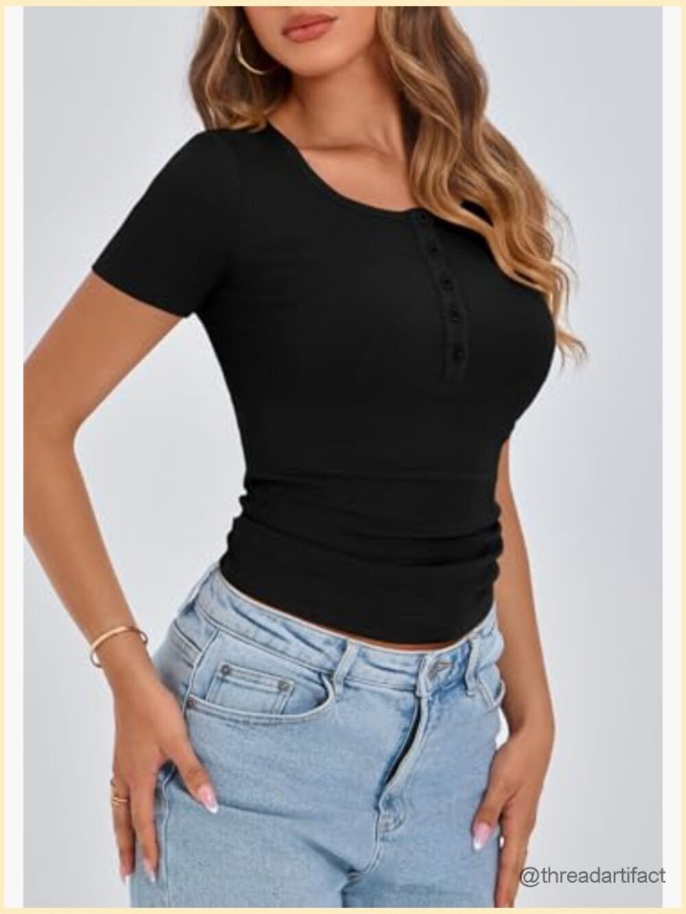 Women's Ribbed Henley T-Shirt - Short Sleeve Slim Fit Button Front Blouse - Picture 3 of 7